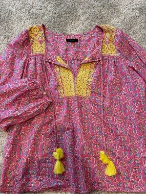 J. Crew Pink Paisley Peasant Top with Yellow Embroidery